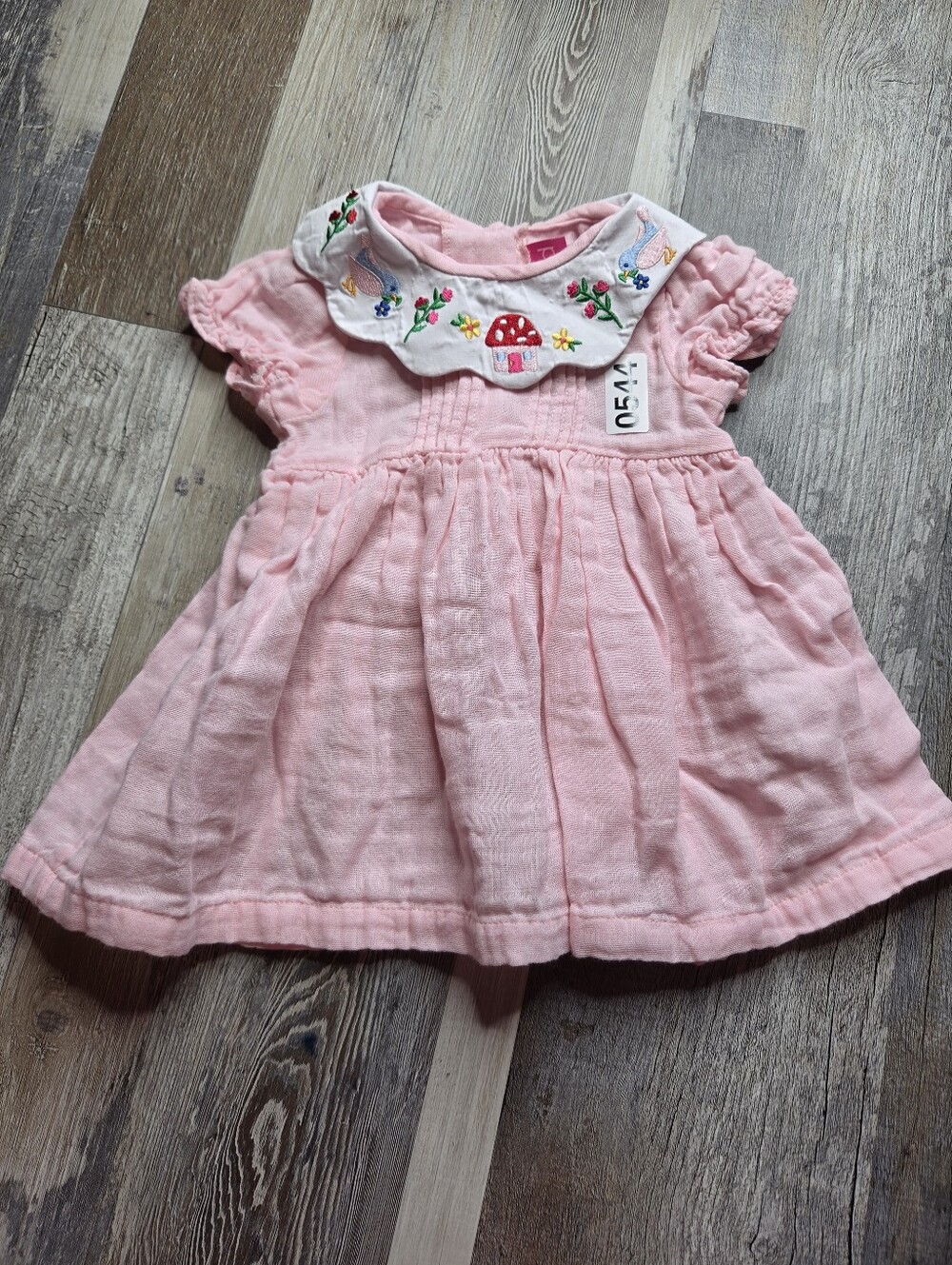 Good Lad Pink Collar Dress Embroidered Flowers Mushroom Birds Size 12 Months